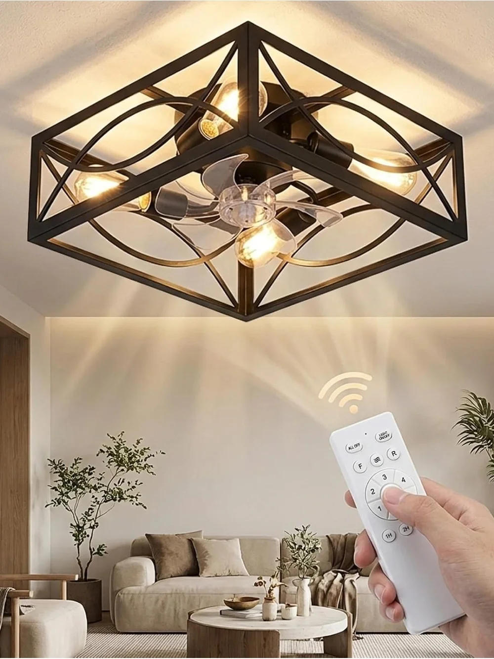 Black Modern Decorative Flush Mount Lantern Ceiling Light with Remote